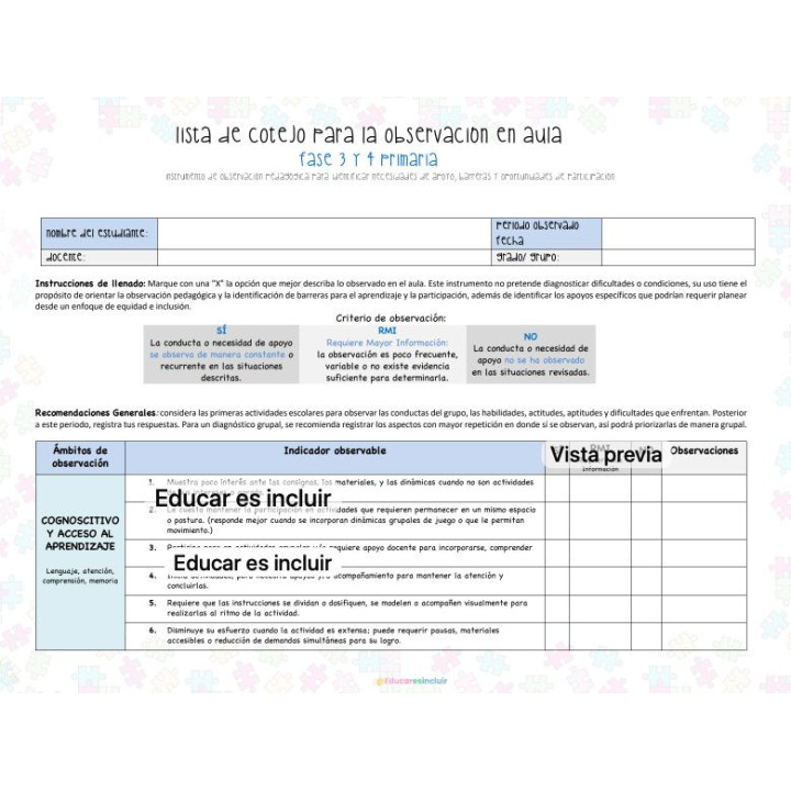 Guia de observación para identificar Apoyos. Primaria (Fase 3 a 5)