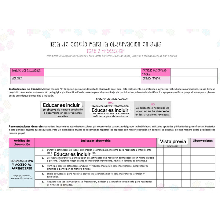 Guia de observación para identificar Apoyos. Prescolar (Fase 2)